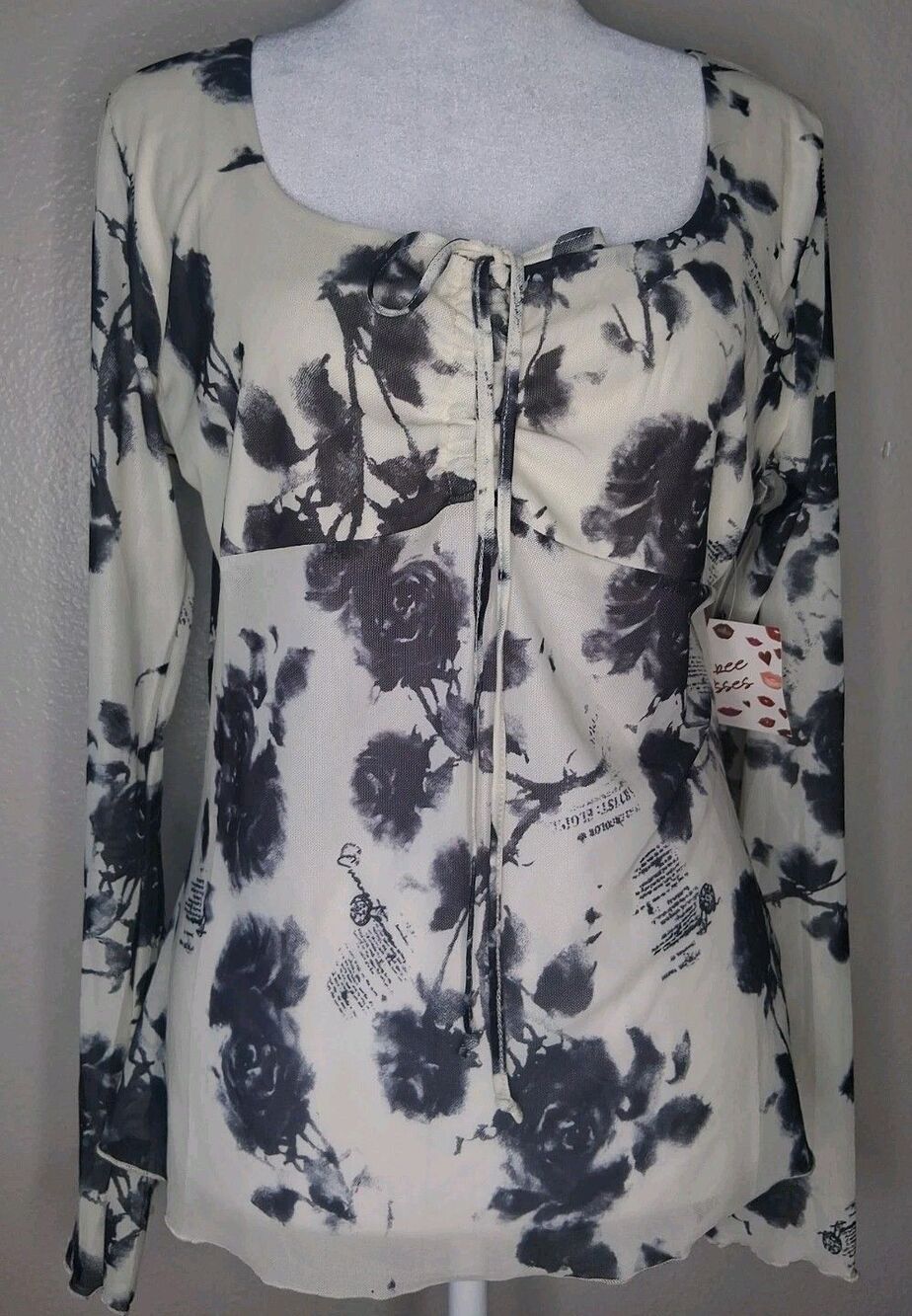 NWT Free Kisses Mesh Long Sleeve Top Black White Floral Sheer Y2K Whimsygoth XL